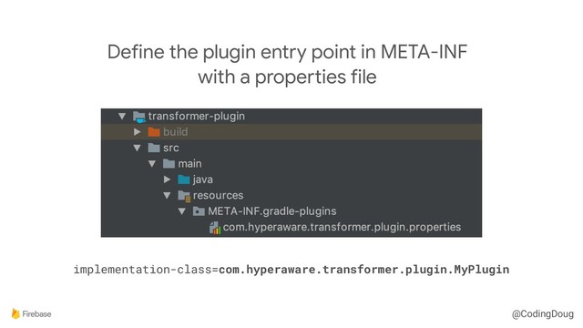 @CodingDoug
implementation-class=com.hyperaware.transformer.plugin.MyPlugin
Define the plugin entry point in META-INF

with a properties file
