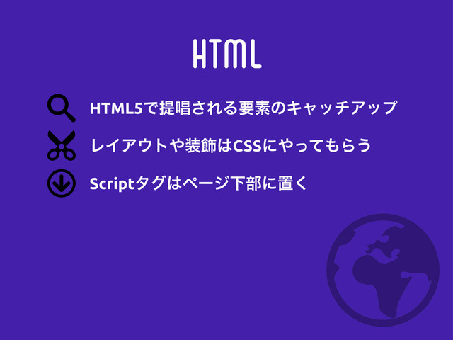 HTML
ϨΠΞ΢τ΍૷০͸CSSʹ΍ͬͯ΋Β͏
Scriptλά͸ϖʔδԼ෦ʹஔ͘
HTML5Ͱఏএ͞ΕΔཁૉͷΩϟονΞοϓ
