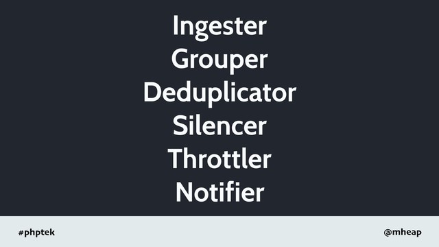 #phptek @mheap
Ingester
Grouper
Deduplicator
Silencer
Throttler
Notifier
