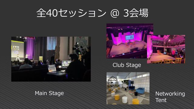全40セッション @ 3会場
Main Stage
Club Stage
Networking
Tent
