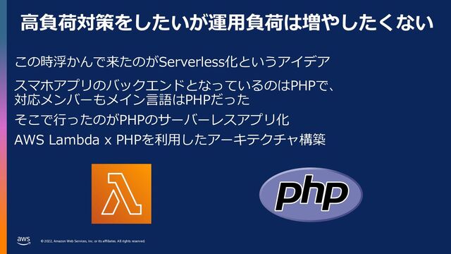 © 2022, Amazon Web Services, Inc. or its affiliates. All rights reserved.
⾼負荷対策をしたいが運⽤負荷は増やしたくない
この時浮かんで来たのがServerless化というアイデア
スマホアプリのバックエンドとなっているのはPHPで、
対応メンバーもメイン⾔語はPHPだった
そこで⾏ったのがPHPのサーバーレスアプリ化
AWS Lambda x PHPを利⽤したアーキテクチャ構築
