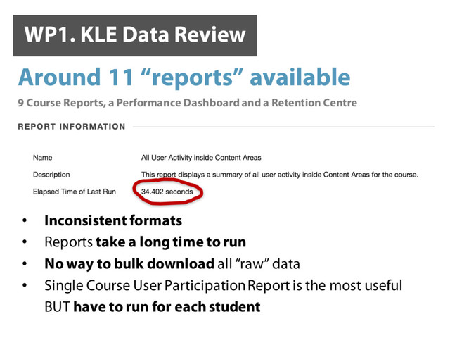 WP1. KLE Data Review
✓
✖
• Inconsistent formats
• Reports take a long time to run
• No way to bulk download all “raw” data
• Single Course User Participation Report is the most useful
BUT have to run for each student
Around 11 “reports” available
9 Course Reports, a Performance Dashboard and a Retention Centre
