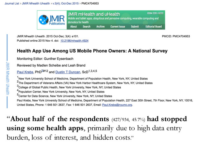 “About half of the respondents (427/934, 45.7%) had stopped
using some health apps, primarily due to high data entry
burden, loss of interest, and hidden costs.”
