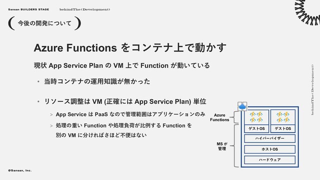 現状 App Service Plan の VM 上で Function が動いている
• 当時コンテナの運⽤知識が無かった
• リソース調整は VM (正確には App Service Plan) 単位
> App Service は PaaS なので管理範囲はアプリケーションのみ
> 処理の重い Function や処理負荷が⽐例する Function を
別の VM に分ければさほど不便はない
Azure Functions をコンテナ上で動かす
今後の開発について
ハードウェア
ホストOS
ハイパーバイザー
ゲストOS ゲストOS
MS が
管理
Azure
Functions
