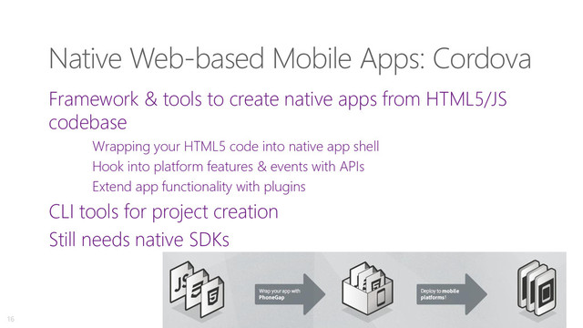 Native Web-based Mobile Apps: Cordova
Framework & tools to create native apps from HTML5/JS
codebase
Wrapping your HTML5 code into native app shell
Hook into platform features & events with APIs
Extend app functionality with plugins
CLI tools for project creation
Still needs native SDKs
16
