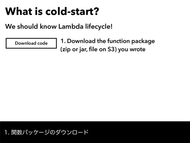 What is cold-start?
We should know Lambda lifecycle!
ؔ਺ύοέʔδͷμ΢ϯϩʔυ
Download code
1. Download the function package  
(zip or jar, ﬁle on S3) you wrote
