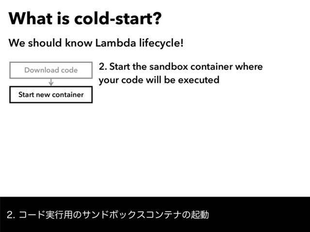 What is cold-start?
We should know Lambda lifecycle!
ίʔυ࣮ߦ༻ͷαϯυϘοΫείϯςφͷىಈ
Download code
Start new container
2. Start the sandbox container where
your code will be executed
