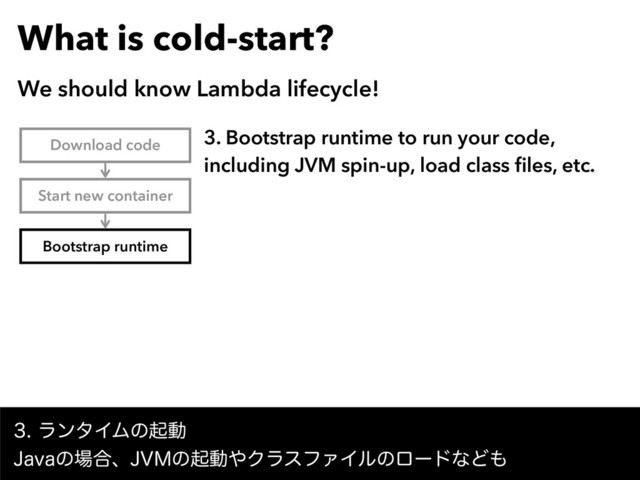 What is cold-start?
We should know Lambda lifecycle!
ϥϯλΠϜͷىಈ 
+BWBͷ৔߹ɺ+7.ͷىಈ΍ΫϥεϑΝΠϧͷϩʔυͳͲ΋
Download code
Start new container
Bootstrap runtime
3. Bootstrap runtime to run your code,  
including JVM spin-up, load class ﬁles, etc.

