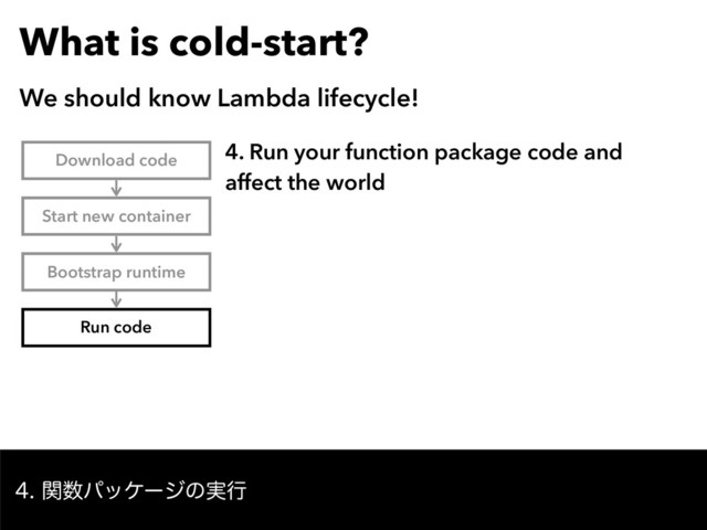 What is cold-start?
We should know Lambda lifecycle!
ؔ਺ύοέʔδͷ࣮ߦ
Download code
Start new container
Bootstrap runtime
Run code
4. Run your function package code and 
affect the world
