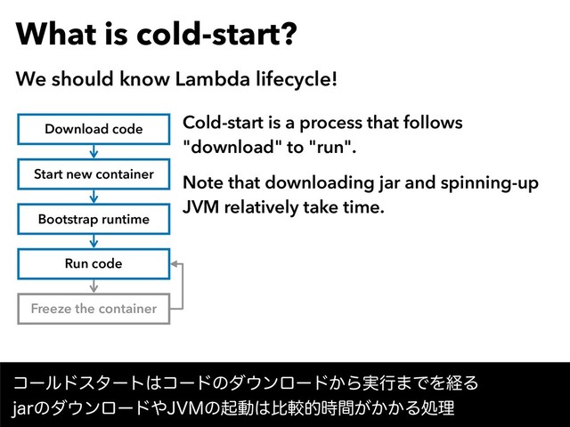 Cold-start is a process that follows  
"download" to "run".
Note that downloading jar and spinning-up 
JVM relatively take time.
What is cold-start?
We should know Lambda lifecycle!
ίʔϧυελʔτ͸ίʔυͷμ΢ϯϩʔυ͔Β࣮ߦ·ͰΛܦΔ 
KBSͷμ΢ϯϩʔυ΍+7.ͷىಈ͸ൺֱత͕͔͔࣌ؒΔॲཧ
Download code
Start new container
Bootstrap runtime
Run code
Freeze the container
