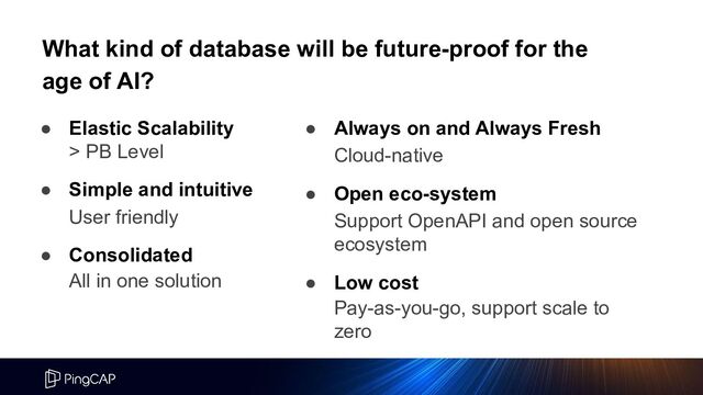 What kind of database will be future-proof for the
age of AI?
● Elastic Scalability
> PB Level
● Simple and intuitive
User friendly
● Consolidated
All in one solution
● Always on and Always Fresh
Cloud-native
● Open eco-system
Support OpenAPI and open source
ecosystem
● Low cost
Pay-as-you-go, support scale to
zero
