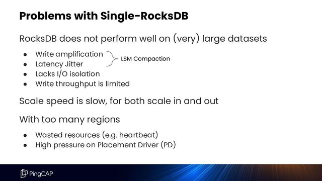 Problems with Single-RocksDB
RocksDB does not perform well on (very) large datasets
● Write amplification
● Latency Jitter
● Lacks I/O isolation
● Write throughput is limited
Scale speed is slow, for both scale in and out
With too many regions
● Wasted resources (e.g. heartbeat)
● High pressure on Placement Driver (PD)
LSM Compaction
