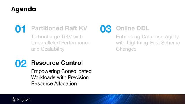 Agenda
Partitioned Raft KV
Turbocharge TiKV with
Unparalleled Performance
and Scalability
Online DDL
Enhancing Database Agility
with Lightning-Fast Schema
Changes
Resource Control
Empowering Consolidated
Workloads with Precision
Resource Allocation
01 03
02
