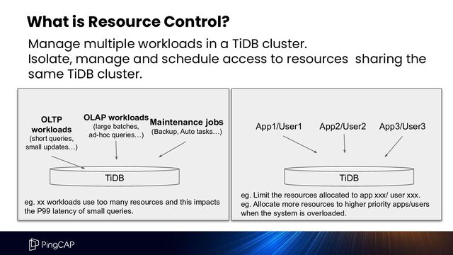 What is Resource Control?
Manage multiple workloads in a TiDB cluster.
Isolate, manage and schedule access to resources sharing the
same TiDB cluster.
TiDB
eg. xx workloads use too many resources and this impacts
the P99 latency of small queries.
OLTP
workloads
(short queries,
small updates…)
OLAP workloads
(large batches,
ad-hoc queries…)
Maintenance jobs
(Backup, Auto tasks…)
App1/User1 App2/User2 App3/User3
TiDB
eg. Limit the resources allocated to app xxx/ user xxx.
eg. Allocate more resources to higher priority apps/users
when the system is overloaded.
