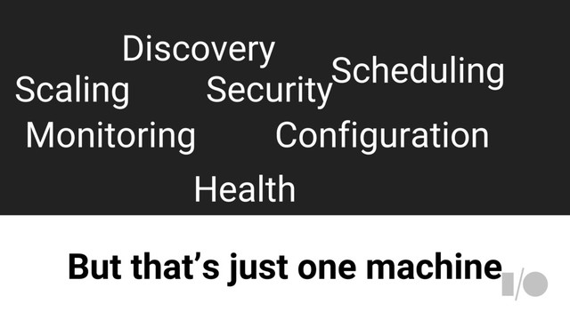 But that’s just one machine
Discovery
Scaling Security
Monitoring Configuration
Scheduling
Health
