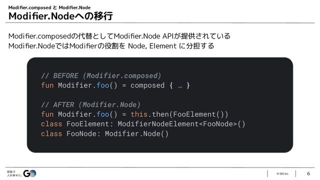 © GO Inc.
Modiﬁer.composedの代替としてModiﬁer.Node APIが提供されている
Modiﬁer.NodeではModiﬁerの役割を Node, Element に分担する
6
Modiﬁer.composed と Modiﬁer.Node
Modiﬁer.Nodeへの移行
// BEFORE (Modifier.composed)
fun Modifier.foo() = composed { … }
// AFTER (Modifier.Node)
fun Modifier.foo() = this.then(FooElement())
class FooElement: ModifierNodeElement()
class FooNode: Modifier.Node()
