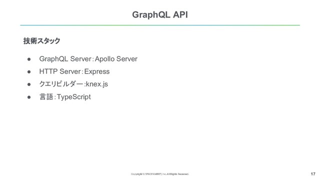 17
GraphQL API
● GraphQL Server：Apollo Server
● HTTP Server：Express
● クエリビルダー：knex.js
● 言語：TypeScript
技術スタック
