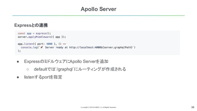 30
Apollo Server
● ExpressのミドルウェアにApollo Serverを追加
○ defaultでは`/graphql`にルーティングが作成される
● listenするportを指定
Expressとの連携
