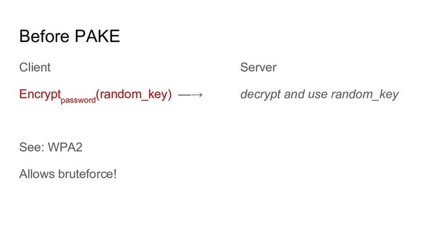 Before PAKE
Client Server
Encrypt
password
(random_key) —→ decrypt and use random_key
See: WPA2
Allows bruteforce!

