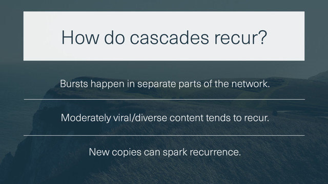 How do cascades recur?
Bursts happen in separate parts of the network.
Moderately viral/diverse content tends to recur.
New copies can spark recurrence.
