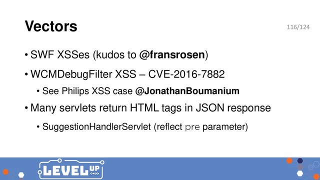 Vectors
• SWF XSSes (kudos to @fransrosen)
• WCMDebugFilter XSS – CVE-2016-7882
• See Philips XSS case @JonathanBoumanium
• Many servlets return HTML tags in JSON response
• SuggestionHandlerServlet (reflect parameter)
116/124
