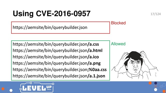 Using CVE-2016-0957
Blocked
Allowed
https://aemsite/bin/querybuilder.json
https://aemsite/bin/querybuilder.json/a.css
https://aemsite/bin/querybuilder.json/a.html
https://aemsite/bin/querybuilder.json/a.ico
https://aemsite/bin/querybuilder.json/a.png
https://aemsite/bin/querybuilder.json;%0aa.css
https://aemsite/bin/querybuilder.json/a.1.json
17/124
