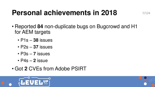 Personal achievements in 2018
• Reported 84 non-duplicate bugs on Bugcrowd and H1
for AEM targets
• P1s – 38 issues
• P2s – 37 issues
• P3s – 7 issues
• P4s – 2 issue
• Got 2 CVEs from Adobe PSIRT
7/124
