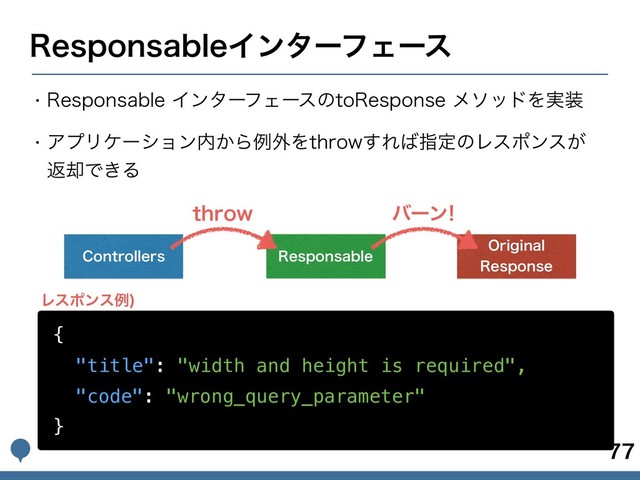 3FTQPOTBCMFΠϯλʔϑΣʔε
w 3FTQPOTBCMFΠϯλʔϑΣʔεͷUP3FTQPOTFϝιουΛ࣮૷
w ΞϓϦέʔγϣϯ಺͔Βྫ֎ΛUISPX͢Ε͹ࢦఆͷϨεϙϯε͕ 
ฦ٫Ͱ͖Δ


0SJHJOBM 
3FTQPOTF
$POUSPMMFST 3FTQPOTBCMF
UISPX όʔϯ
{
"title": "width and height is required",
"code": "wrong_query_parameter"
}
Ϩεϙϯεྫ

