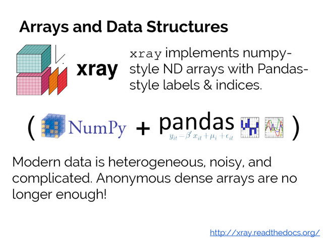#SciPy2015
Jake VanderPlas
(
Arrays and Data Structures
xray implements numpy-
style ND arrays with Pandas-
style labels & indices.
http://xray.readthedocs.org/
Modern data is heterogeneous, noisy, and
complicated. Anonymous dense arrays are no
longer enough!
+ )
