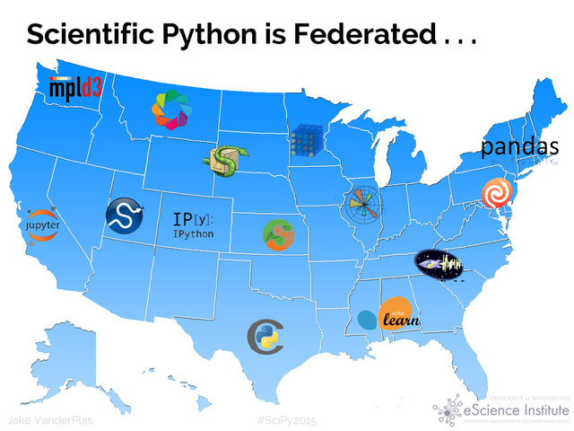#SciPy2015
Jake VanderPlas
(Python as glue: you’re not
doing scientific computing in
Python, you’re using python to
glue together tools in Fortran
or C)
Scientific Python is Federated . . .
