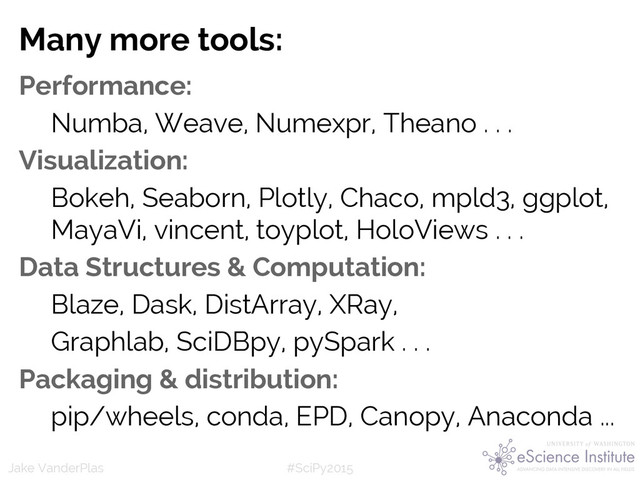 #SciPy2015
Jake VanderPlas
Performance:
Numba, Weave, Numexpr, Theano . . .
Visualization:
Bokeh, Seaborn, Plotly, Chaco, mpld3, ggplot,
MayaVi, vincent, toyplot, HoloViews . . .
Data Structures & Computation:
Blaze, Dask, DistArray, XRay,
Graphlab, SciDBpy, pySpark . . .
Packaging & distribution:
pip/wheels, conda, EPD, Canopy, Anaconda ...
Many more tools:
