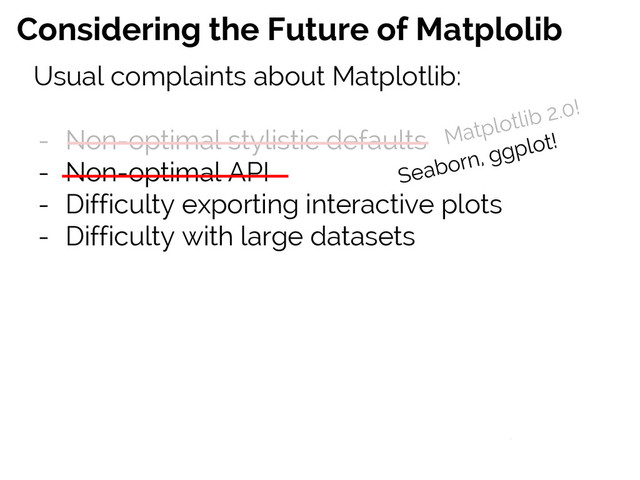 #SciPy2015
Jake VanderPlas
Considering the Future of Matplolib
Usual complaints about Matplotlib:
- Non-optimal stylistic defaults
- Non-optimal API
- Difficulty exporting interactive plots
- Difficulty with large datasets
Matplotlib 2.0!
Seaborn, ggplot!
