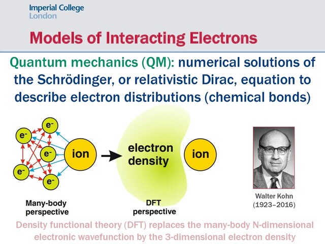 Models of Interacting Electrons
Density functional theory (DFT) replaces the many-body N-dimensional
electronic wavefunction by the 3-dimensional electron density
Quantum mechanics (QM): numerical solutions of
the Schrödinger, or relativistic Dirac, equation to
describe electron distributions (chemical bonds)
Walter Kohn
(1923–2016)
