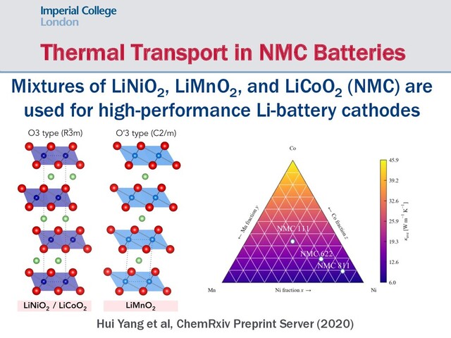 Thermal Transport in NMC Batteries
Mixtures of LiNiO2
, LiMnO2
, and LiCoO2
(NMC) are
used for high-performance Li-battery cathodes
Hui Yang et al, ChemRxiv Preprint Server (2020)
