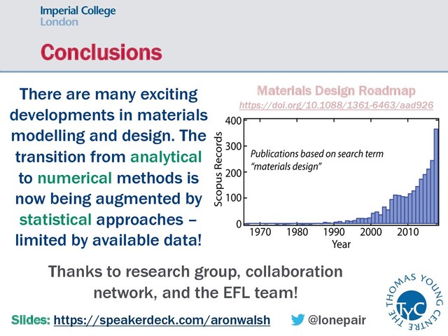 Conclusions
Materials Design Roadmap
https://doi.org/10.1088/1361-6463/aad926
Slides: https://speakerdeck.com/aronwalsh @lonepair
There are many exciting
developments in materials
modelling and design. The
transition from analytical
to numerical methods is
now being augmented by
statistical approaches –
limited by available data!
Thanks to research group, collaboration
network, and the EFL team!
