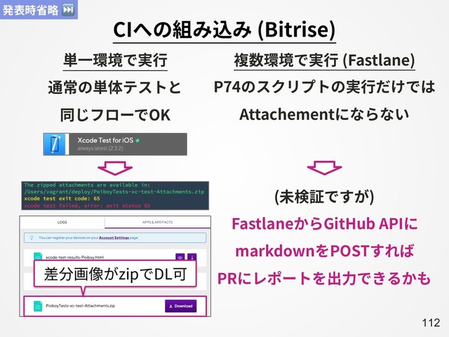 A112
CIへの組み込み (Bitrise)
発表時省略 ⏭
単⼀環境で実⾏ 複数環境で実⾏ (Fastlane)
通常の単体テストと
同じフローでOK
(未検証ですが)
P74のスクリプトの実⾏だけでは
Attachementにならない
FastlaneからGitHub APIに
markdownをPOSTすれば
PRにレポートを出⼒できるかも
差分画像がzipでDL可

