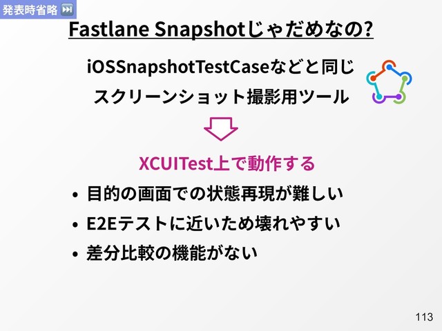 A113
Fastlane Snapshotじゃだめなの?
iOSSnapshotTestCaseなどと同じ
スクリーンショット撮影⽤ツール
• ⽬的の画⾯での状態再現が難しい
• E2Eテストに近いため壊れやすい
• 差分⽐較の機能がない
XCUITest上で動作する
発表時省略 ⏭
