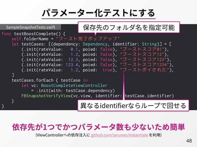 A48
パラメーター化テストにする
func testBoostComplete() {
self.folderName = "ブースト完了ポップアップ"
let testCases: [(dependency: Dependency, identifier: String)] = [
(.init(rateValue: 0.1, poied: false), "ブーストスコア01"),
(.init(rateValue: 1.2, poied: false), "ブーストスコア12"),
(.init(rateValue: 12.3, poied: false), "ブーストスコア123"),
(.init(rateValue: 123.4, poied: false), "ブーストスコア1234"),
(.init(rateValue: 1.2, poied: true), "ブーストポイされた"),
]
testCases.forEach { testCase in
let vc: BoostCompleteViewController
= .init(with: testCase.dependency)
FBSnapshotVerifyView(vc.view, identifier: testCase.identifier)
}
}
SampleSnapshotTests.swift 保存先のフォルダ名を指定可能
依存先が1つでかつパラメータ数も少ないため簡単
(ViewControllerへの依存注⼊に github.com/tarunon/Instantiate を利⽤)
異なるidentifierならループで回せる
