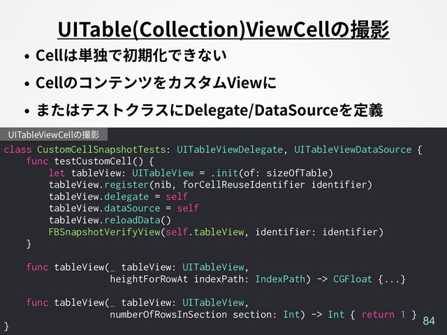 class CustomCellSnapshotTests: UITableViewDelegate, UITableViewDataSource {
func testCustomCell() {
let tableView: UITableView = .init(of: sizeOfTable)
tableView.register(nib, forCellReuseIdentifier identifier)
tableView.delegate = self
tableView.dataSource = self
tableView.reloadData()
FBSnapshotVerifyView(self.tableView, identifier: identifier)
}
func tableView(_ tableView: UITableView,
heightForRowAt indexPath: IndexPath) -> CGFloat {...}
func tableView(_ tableView: UITableView,
numberOfRowsInSection section: Int) -> Int { return 1 }
}
UITableViewCellの撮影
A84
UITable(Collection)ViewCellの撮影
• Cellは単独で初期化できない
• CellのコンテンツをカスタムViewに
• またはテストクラスにDelegate/DataSourceを定義

