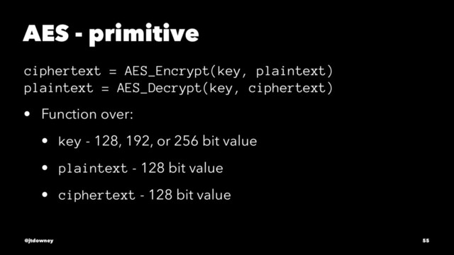 AES - primitive
ciphertext = AES_Encrypt(key, plaintext)
plaintext = AES_Decrypt(key, ciphertext)
• Function over:
• key - 128, 192, or 256 bit value
• plaintext - 128 bit value
• ciphertext - 128 bit value
@jtdowney 55
