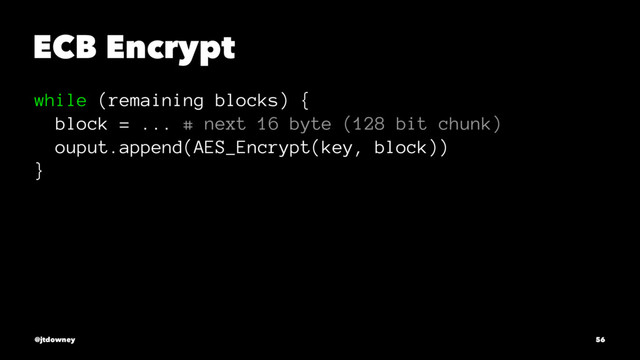 ECB Encrypt
while (remaining blocks) {
block = ... # next 16 byte (128 bit chunk)
ouput.append(AES_Encrypt(key, block))
}
@jtdowney 56
