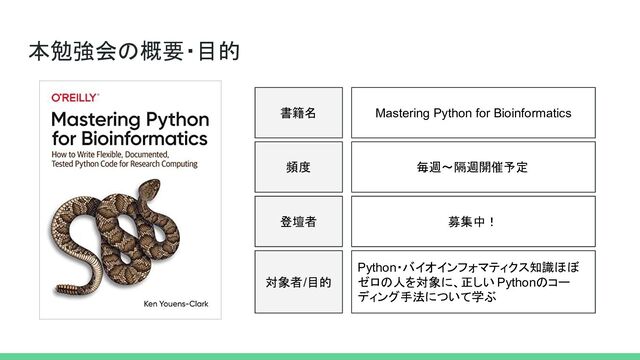 本勉強会の概要・目的
書籍名
対象者/目的
Mastering Python for Bioinformatics
Python・バイオインフォマティクス知識ほぼ
ゼロの人を対象に、正しい Pythonのコー
ディング手法について学ぶ
頻度 毎週〜隔週開催予定
登壇者 募集中！
