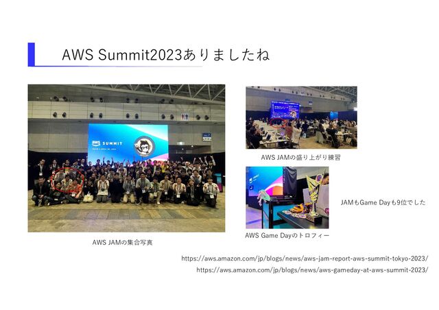 AWS Summit2023ありましたね
https://aws.amazon.com/jp/blogs/news/aws-jam-report-aws-summit-tokyo-2023/
https://aws.amazon.com/jp/blogs/news/aws-gameday-at-aws-summit-2023/
AWS JAMの集合写真
AWS JAMの盛り上がり練習
AWS Game Dayのトロフィー
JAMもGame Dayも9位でした
