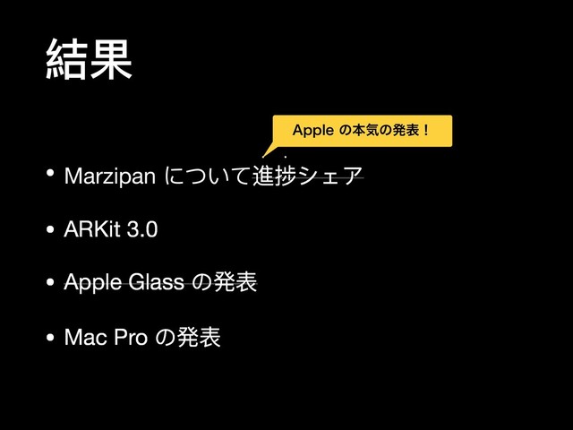 結果
• Marzipan について進捗シェア

w w
• ARKit 3.0

• Apple Glass の発表

• Mac Pro の発表
"QQMFͷຊؾͷൃදʂ
