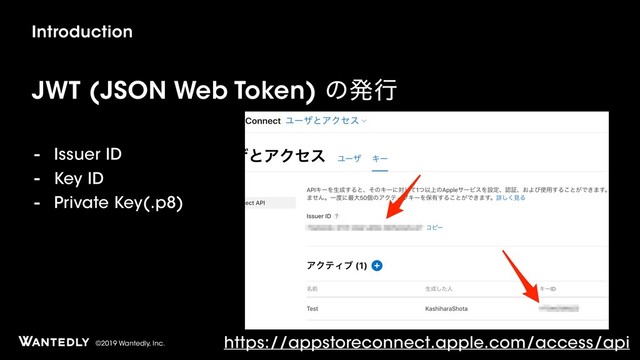 ©2019 Wantedly, Inc.
Introduction
JWT (JSON Web Token) ͷൃߦ
- Issuer ID
- Key ID
- Private Key(.p8)
IUUQTBQQTUPSFDPOOFDUBQQMFDPNBDDFTTBQJ
https://appstoreconnect.apple.com/access/api

