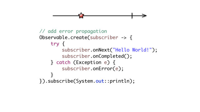 // add error propagation
Observable.create(subscriber -> {
try {
subscriber.onNext("Hello World!");
subscriber.onCompleted();
} catch (Exception e) {
subscriber.onError(e);
}
}).subscribe(System.out::println);
