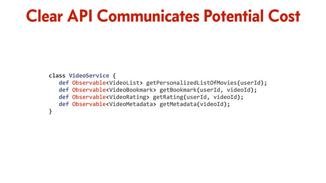 Clear API Communicates Potential Cost
class	  VideoService	  {	  
	  	  	  def	  Observable	  getPersonalizedListOfMovies(userId);	  
	  	  	  def	  Observable	  getBookmark(userId,	  videoId);	  
	  	  	  def	  Observable	  getRating(userId,	  videoId);	  
	  	  	  def	  Observable	  getMetadata(videoId);	  
}
