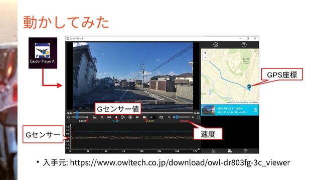 動かしてみた
● 入手元: https://www.owltech.co.jp/download/owl-dr803fg-3c_viewer
Gセンサー 速度
GPS座標
Gセンサー値
