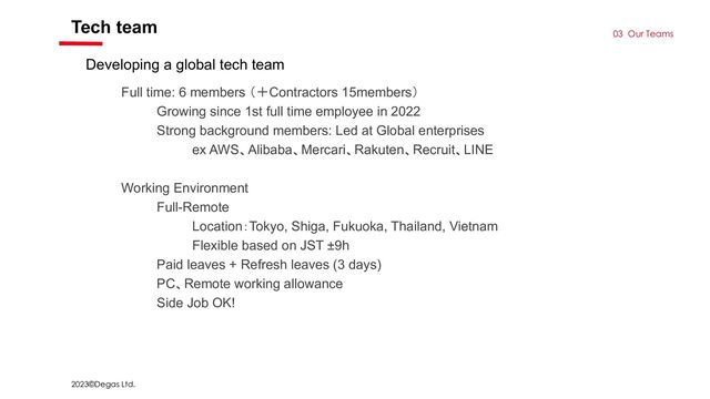 2023©Degas Ltd.
Tech team
Full time: 6 members （＋Contractors 15members）
Growing since 1st full time employee in 2022
Strong background members: Led at Global enterprises
ex AWS、Alibaba、Mercari、Rakuten、Recruit、LINE
Working Environment
Full-Remote
Location：Tokyo, Shiga, Fukuoka, Thailand, Vietnam
Flexible based on JST ±9h
Paid leaves + Refresh leaves (3 days)
PC、Remote working allowance
Side Job OK!
Developing a global tech team
03 Our Teams
